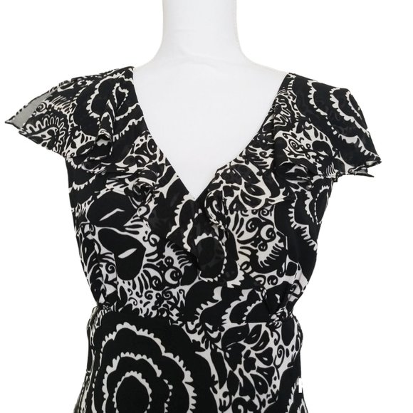 Bice Black White Floral Print Chiffon Dress Size 14 Dropped Waist Satin Sash Bow - Picture 2 of 5